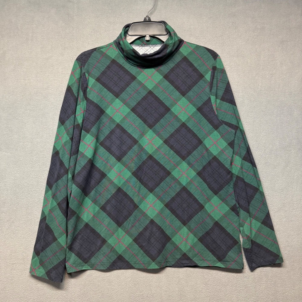 Talbots Plaid Turtleneck Long Sleeve Tee XL Green Blue Academia Holiday Cozy